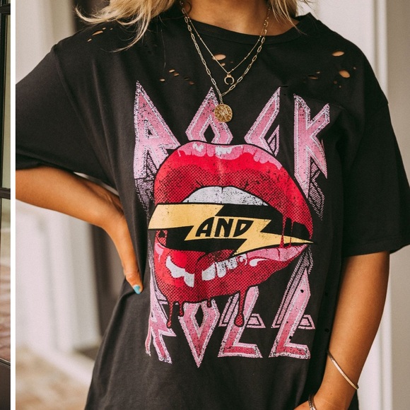 Rock And Roll Lips Lightening Graphic Tee Distress - Picture 5 of 5